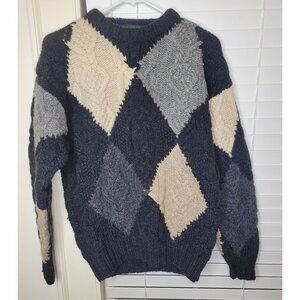 VTG Cable hand knit Argyle Sweater chunky Crew Mens Embassy Row Gray wool blend